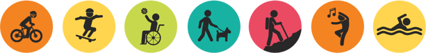 icons of kids riding bike, skateboarding, playing wheelchair basketball, walking a dog, hiking, dancing, and swimming