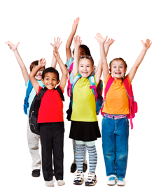 kids with backpacks raising their hands