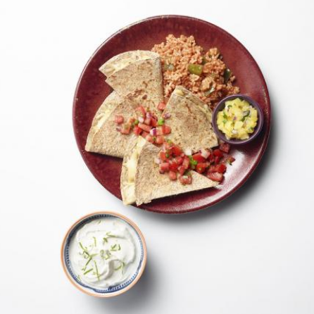 A DASH meal consisting of a chicken quesadilla with red and green salsa