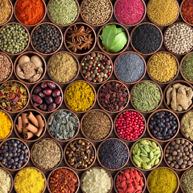 herbs and spices in bowls