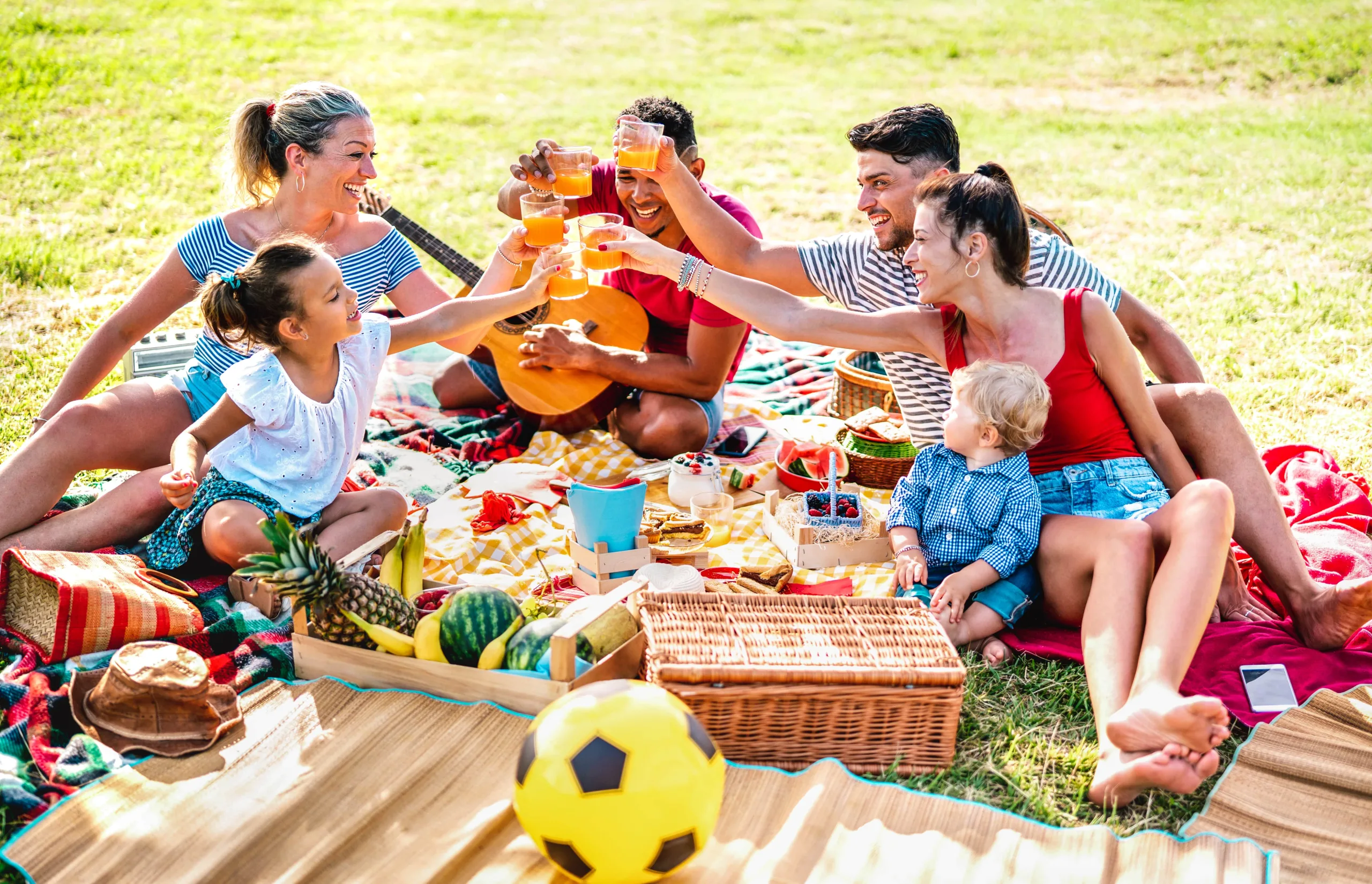 A group of smiling young adults cheers with juice on a picnic